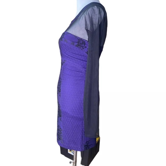 BCBGMAXAZRIA -Purple Black Lace Mesh Long Sleeve Bodycon Dress Size 10 - Picture 5 of 7